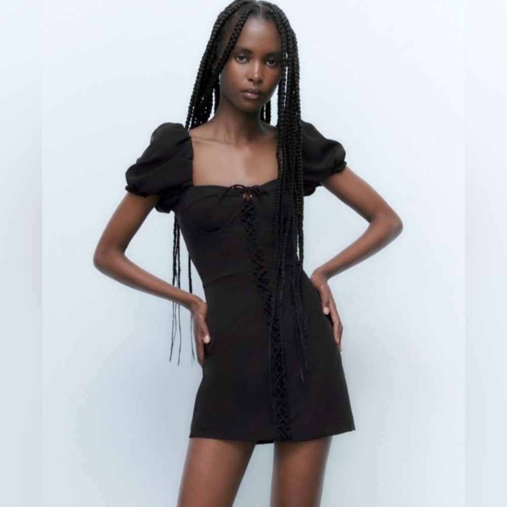 Zara Black Mini Dress with Puff Sleeves